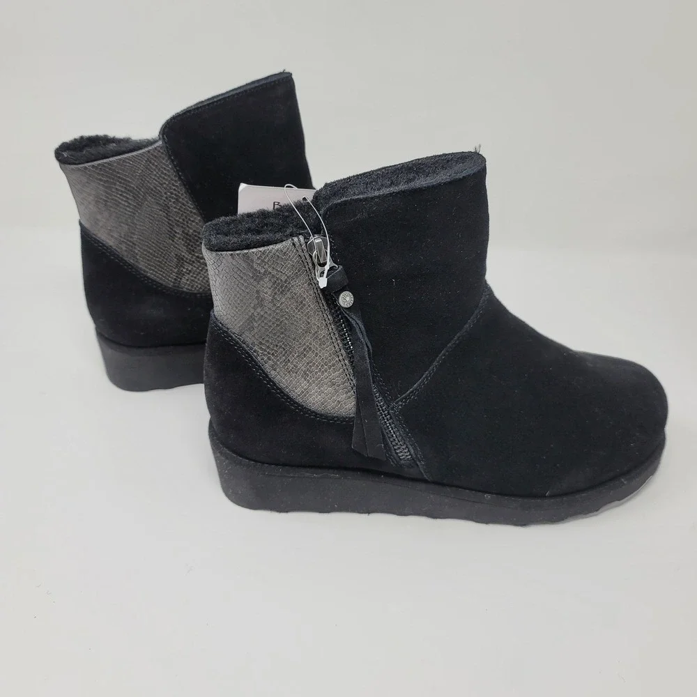 Bearpaw Megan II Wide Ankle Boots Black Suede Snake Embossed NeverWet Sz 8W
